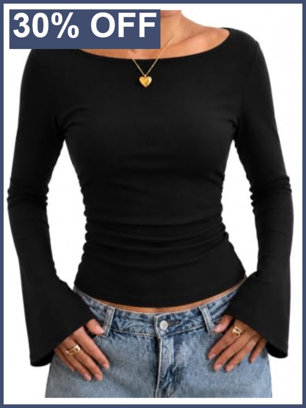 Boat Neck Ribbed Knit Bell Sleeve Top